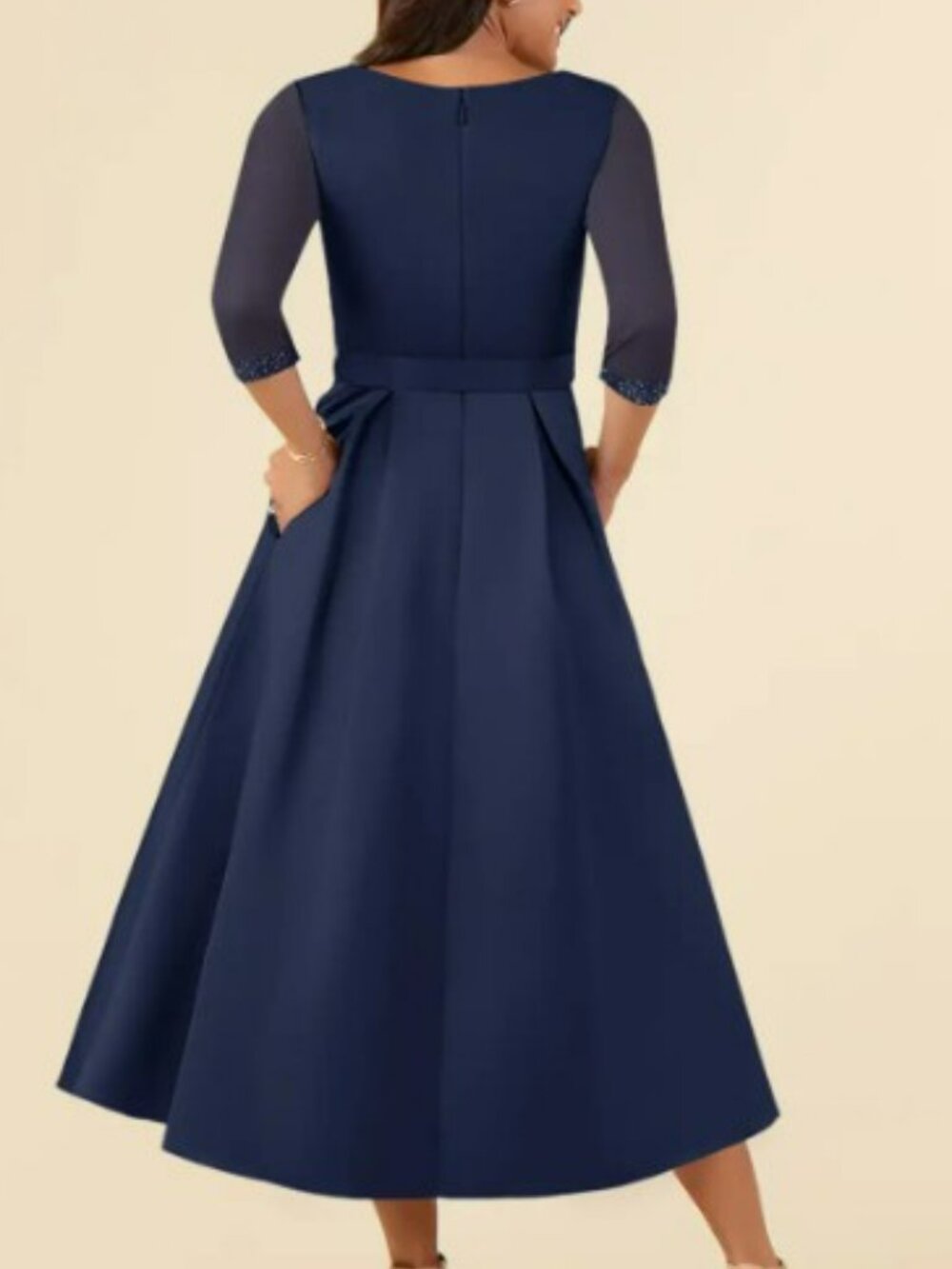Azazie Maritza Stretch Dark Navy A-Line Pleated Matte Satin Dress | Size 8 - Picture 2 of 3